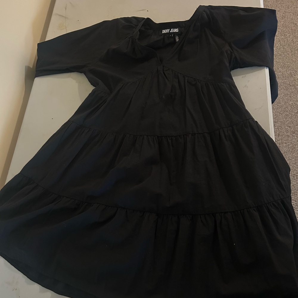 Dkny Black Ruffled Mini Dress with V-Neck